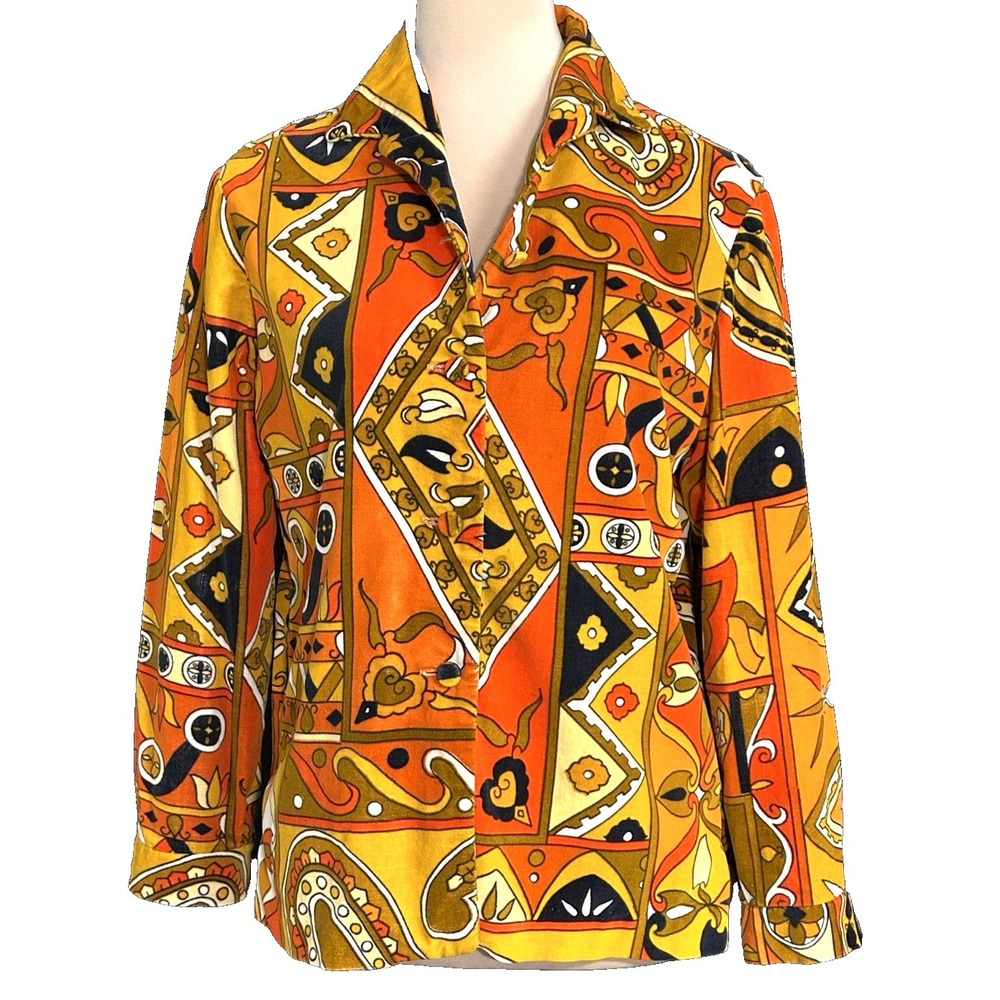 Vintage 1970s Campus Shirt Velevteen Psychedelic Geometric Lined Button-Up USA